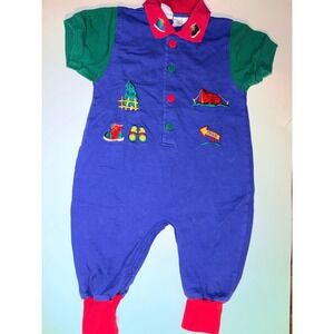 Vintage McKids Baby Toddler Blue Camping Adventure All-In-One Romper 12 Months